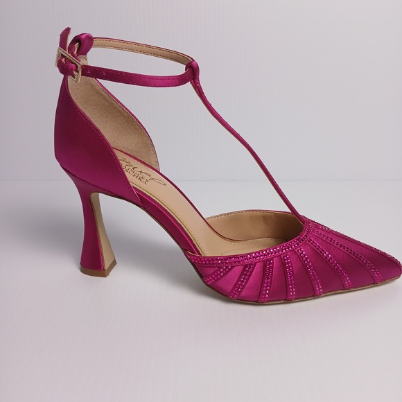Jewel Badgley Mischka Mayra Fuchsia Pink Satin Crystal T-Strap Pumps Womens 6 - Picture 4 of 12